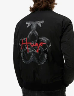 Hugo Snake-and-logo-print Recycled Polyester-blend Bomber Jacket -AllSain Clothing Shop R03788598 BLACK ALT02