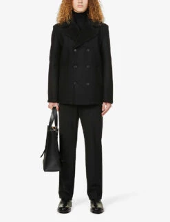 Hugo Double-breasted Tailored Shearling-collar Woven Coat -AllSain Clothing Shop R03788619 BLACK ALT01