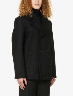 Hugo Double-breasted Tailored Shearling-collar Woven Coat -AllSain Clothing Shop R03788619 BLACK ALT02