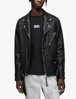AllSaints Charter Hoody-detail Leather Biker Jacket -AllSain Clothing Shop R03931285 BLACK ALT02