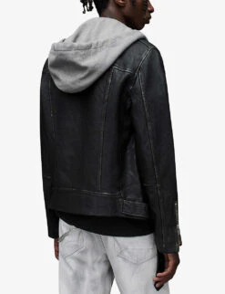 AllSaints Charter Hoody-detail Leather Biker Jacket -AllSain Clothing Shop R03931285 BLACK ALT03