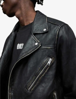 AllSaints Charter Hoody-detail Leather Biker Jacket -AllSain Clothing Shop R03931285 BLACK ALT04