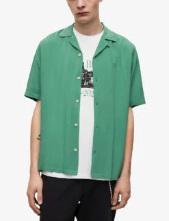 AllSaints Venice Short Sleeve Relaxed-fit Viscose Shirt -AllSain Clothing Shop R04002949 DARKTHYMEGRE ALT02