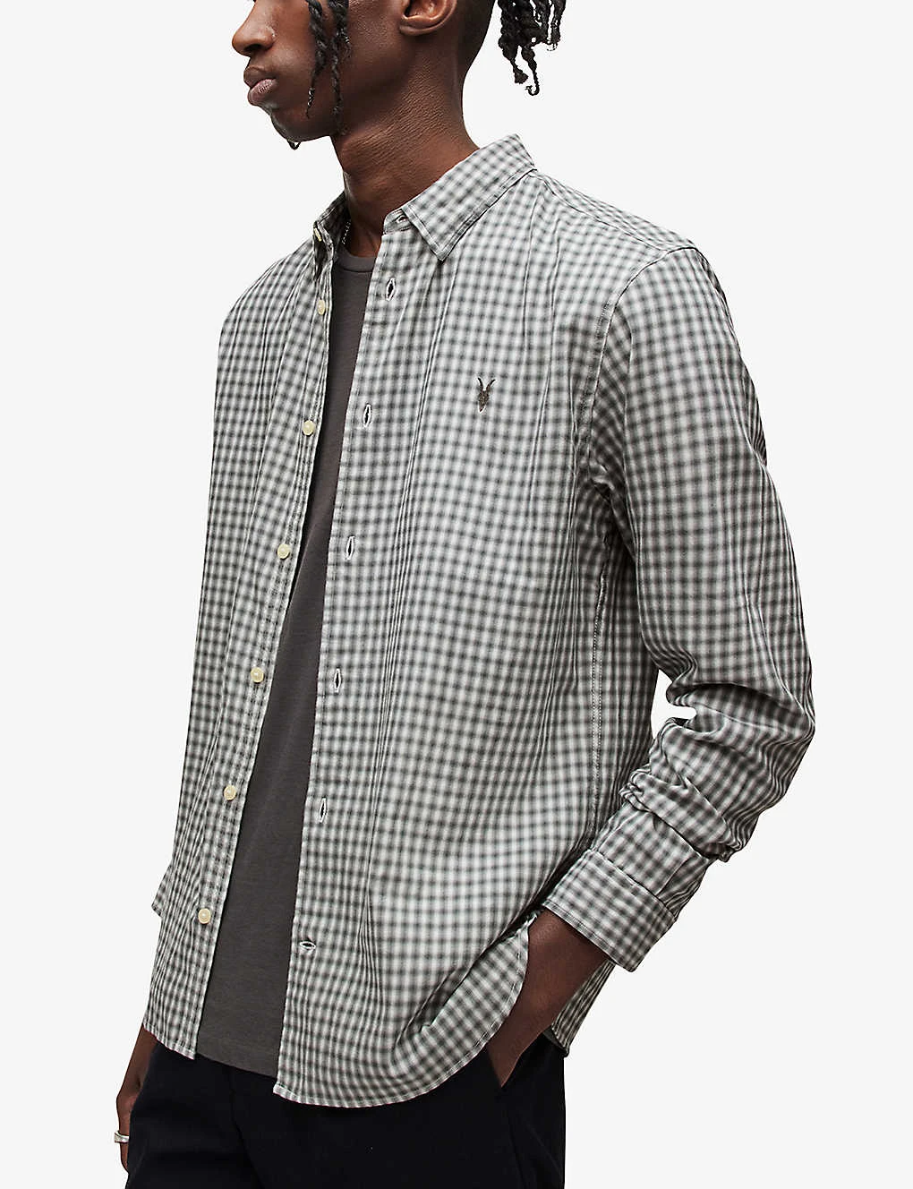 AllSaints Varmo Checked Ramskull-embroidered Cotton Shirt 3 AllSaints Varmo Checked Ramskull-embroidered Cotton Shirt - Image 3
