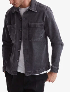 Reiss Tempo Button-through Faded Stretch-denim Overshirt -AllSain Clothing Shop R04068338 WASHEDBLACK ALT02