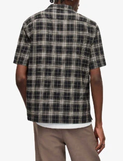 AllSaints Checked Short-sleeved Cotton-blend Shirt -AllSain Clothing Shop R04080269 JETBLACK ALT03