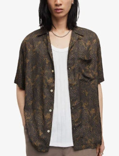 AllSaints Caiman Snake-print Recycled Lenzing And Viscose-blend Shirt -AllSain Clothing Shop R04081411 JETBLACK ALT02