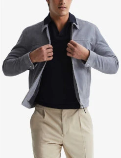 Reiss Riley Slim-fit Collared Suede Jacket -AllSain Clothing Shop R04086946 SLATEBLUE ALT02