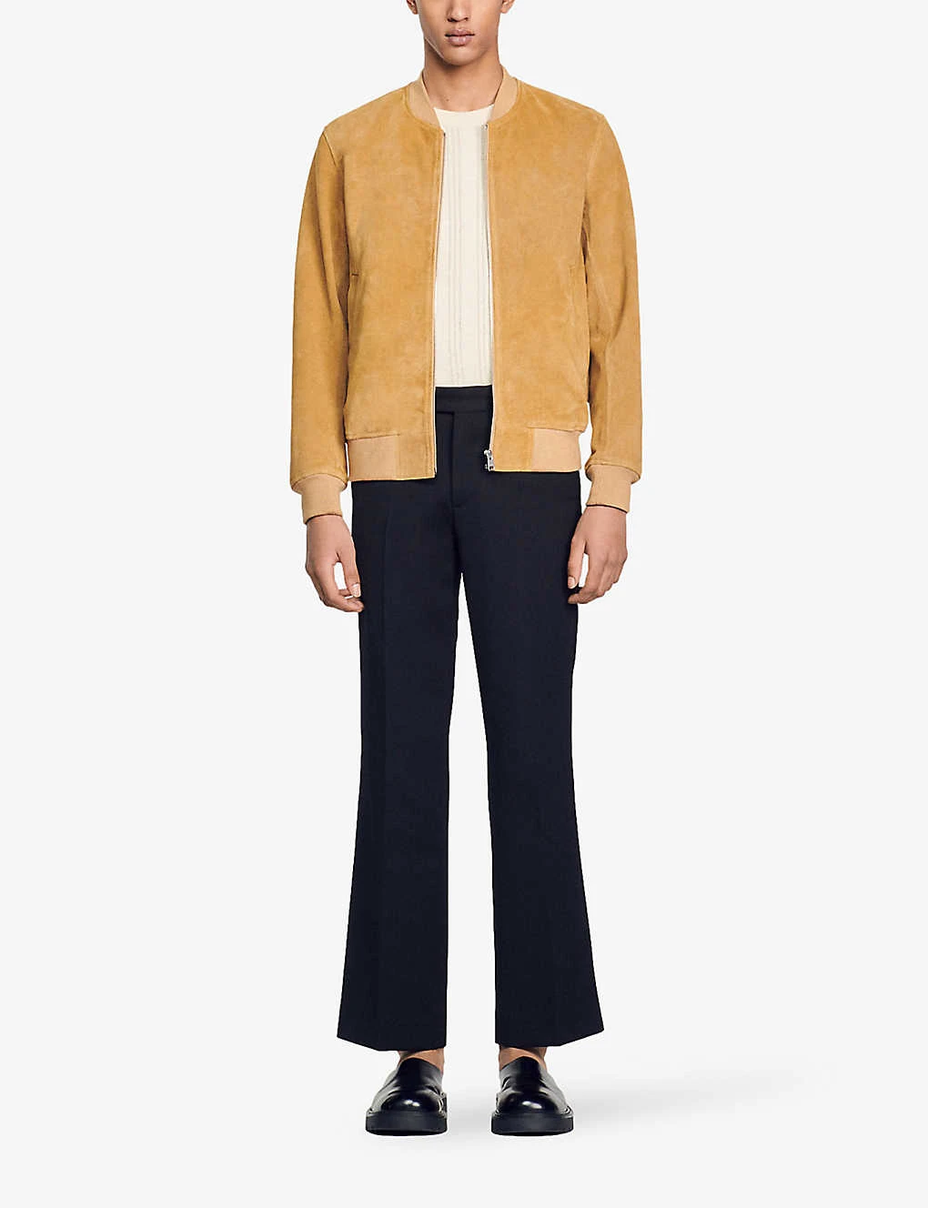 Sandro Monaco Ribbed-trim Regular-fit Suede Bomber Jacket 2 Sandro Monaco Ribbed-trim Regular-fit Suede Bomber Jacket - Image 2