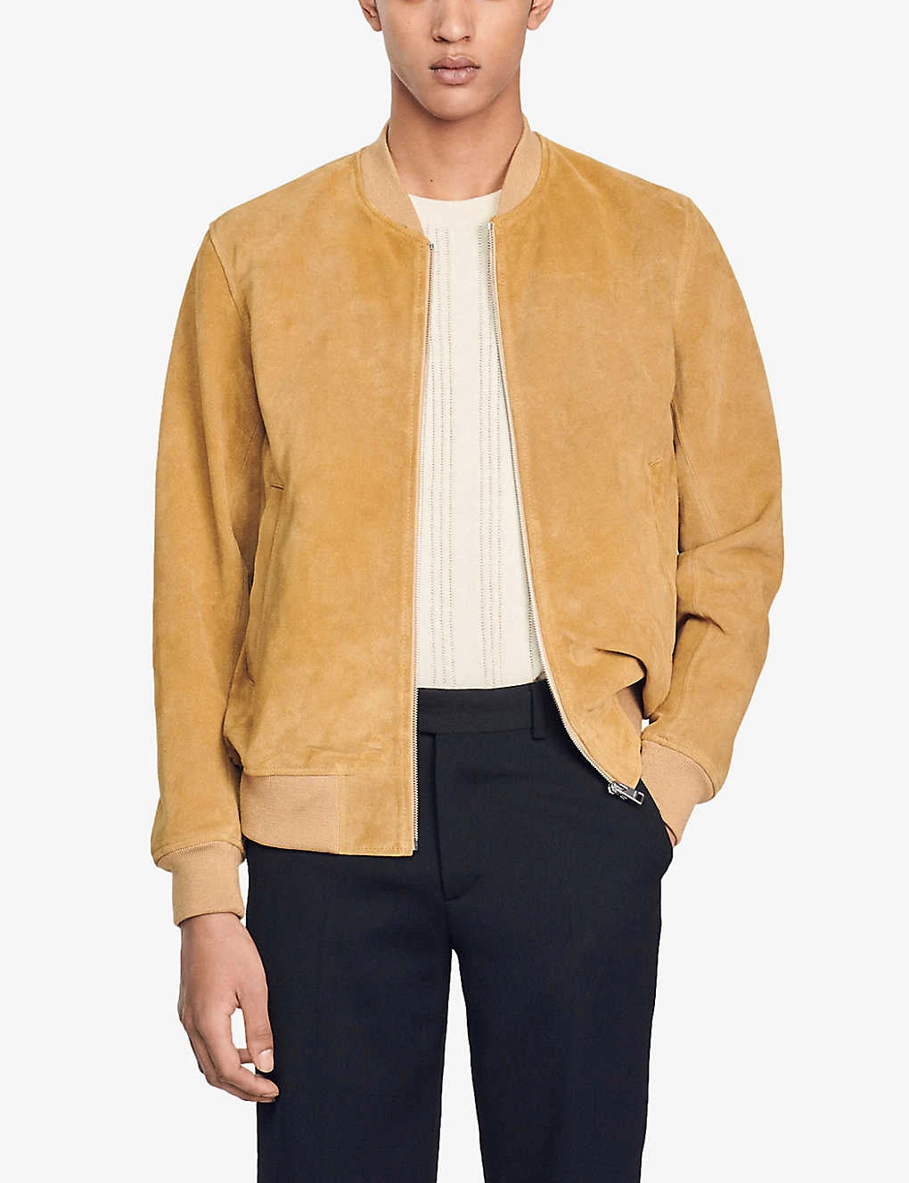 Sandro Monaco Ribbed-trim Regular-fit Suede Bomber Jacket 3 Sandro Monaco Ribbed-trim Regular-fit Suede Bomber Jacket - Image 3