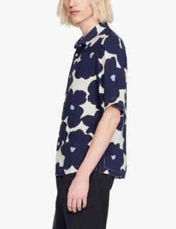 Sandro Flower-print Short-sleeved Woven Shirt -AllSain Clothing Shop R04111196 BLEUS ALT02