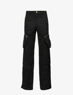 Multi-pocket Dropped-crotch Wide-leg Regular-fit Cotton Trousers