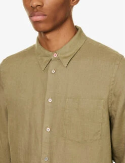 Pearlescent-button Chest-pocket Tailored-fit Linen Shirt -AllSain Clothing Shop R04122219 KHAKI ALT04
