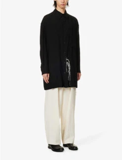 Yohji Yamamoto Frayed-embroidery Spread-collar Relaxed-fit Rayon Shirt 9 Yohji Yamamoto Frayed-embroidery Spread-collar Relaxed-fit Rayon Shirt -AllSain Clothing Shop R04131765 BLACK ALT02