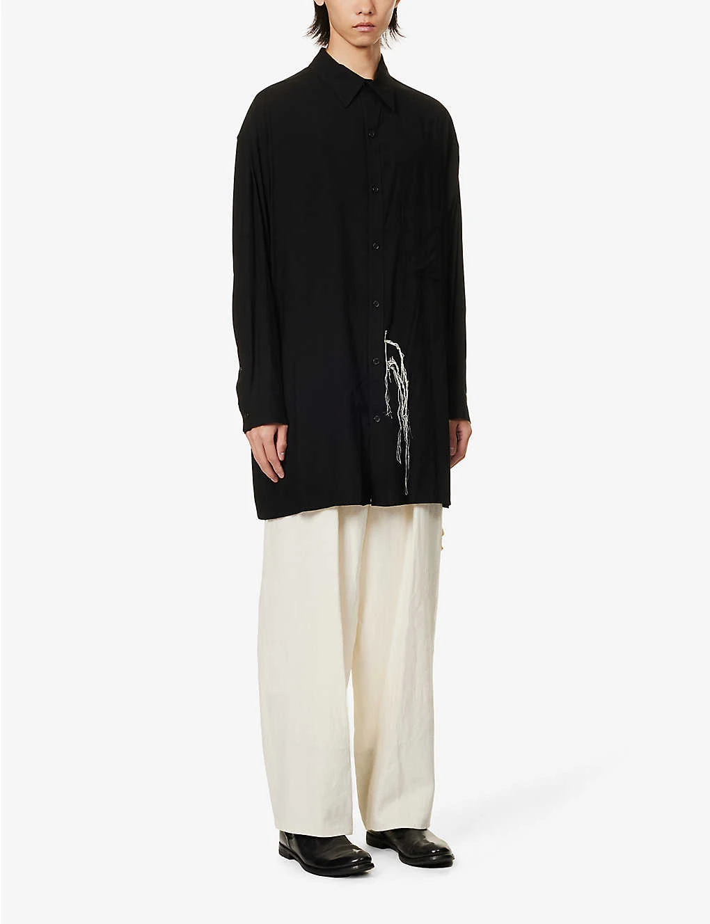 Yohji Yamamoto Frayed-embroidery Spread-collar Relaxed-fit Rayon Shirt 3 Yohji Yamamoto Frayed-embroidery Spread-collar Relaxed-fit Rayon Shirt - Image 3