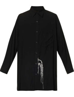 Yohji Yamamoto Frayed-embroidery Spread-collar Relaxed-fit Rayon Shirt
