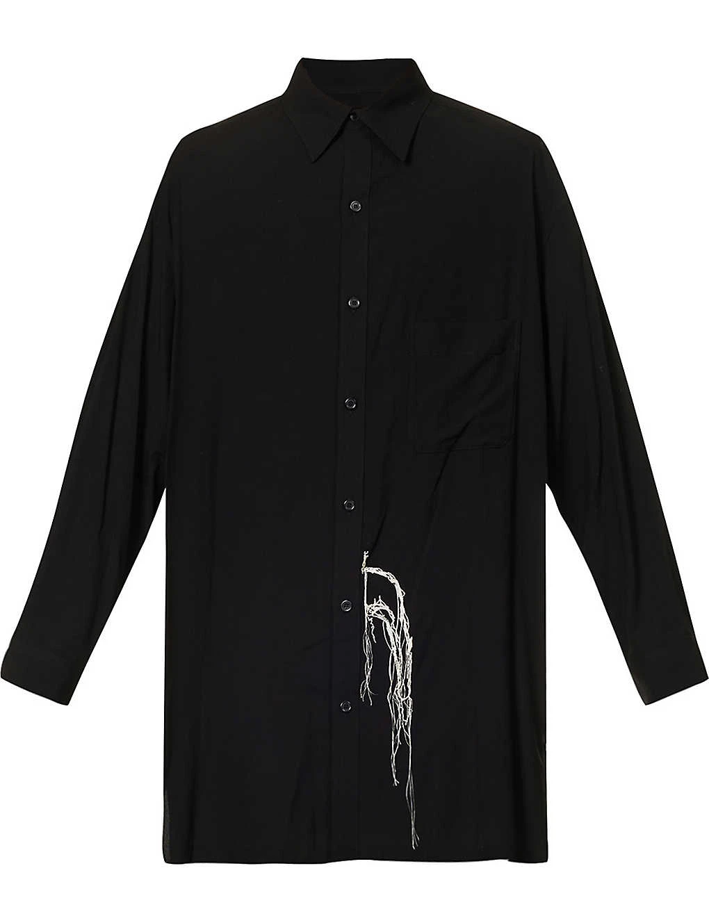 Yohji Yamamoto Frayed-embroidery Spread-collar Relaxed-fit Rayon Shirt 1 Yohji Yamamoto Frayed-embroidery Spread-collar Relaxed-fit Rayon Shirt
