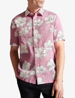 Ted Baker Coving Floral-print Seersucker Stretch-cotton Shirt -AllSain Clothing Shop R04133322 MIDPINK ALT02