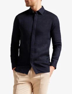 Ted Baker Jasperr Regular-fit Long-sleeve Linen-blend Shirt -AllSain Clothing Shop R04139120 NAVY ALT02