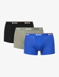 Boss Pack Of Three Branded Striped-waistband Regular-fit Stretch-cotton Trunks
