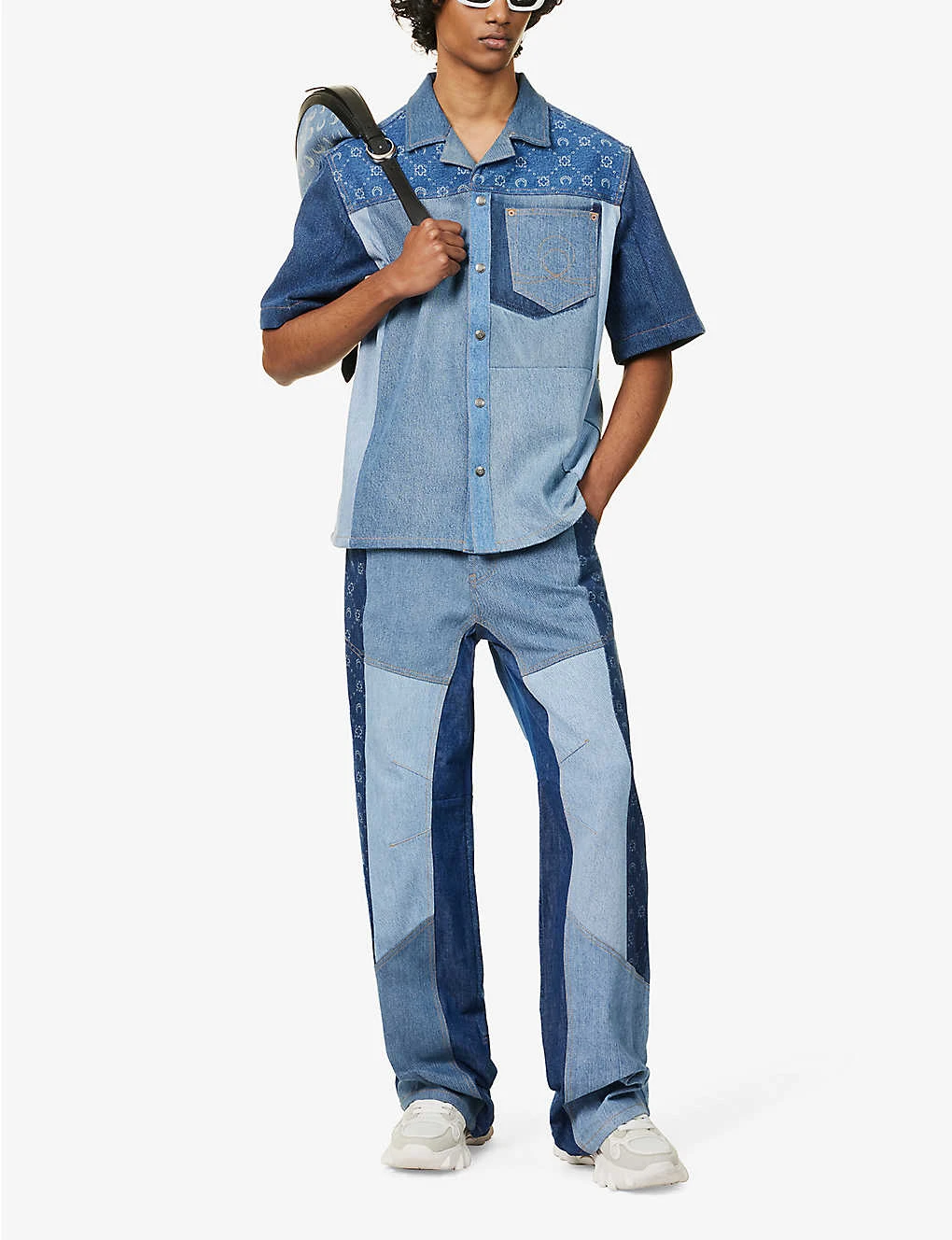 Marine Serre Patchwork-panel Contrast-stitching Regular-fit Upcycled-denim Shirt 2 Marine Serre Patchwork-panel Contrast-stitching Regular-fit Upcycled-denim Shirt - Image 2