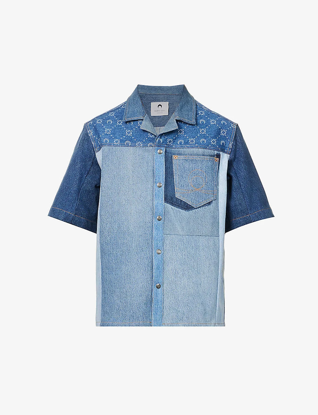 Marine Serre Patchwork-panel Contrast-stitching Regular-fit Upcycled-denim Shirt 1 Marine Serre Patchwork-panel Contrast-stitching Regular-fit Upcycled-denim Shirt