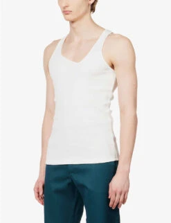 Y-neck Textured-weave Regular-fit Cotton Vest -AllSain Clothing Shop R04144204 WHITE ALT02