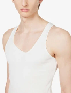 Y-neck Textured-weave Regular-fit Cotton Vest -AllSain Clothing Shop R04144204 WHITE ALT04