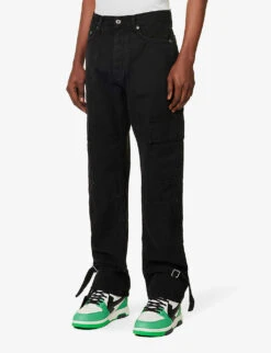 Wave Buckle-embellished Relaxed-fit Straight-leg Cotton-canvas Trousers -AllSain Clothing Shop R04147028 BLACKBLACK ALT02