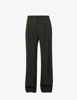 Brand-embroidered Distressed Wide-leg Relaxed-fit Woven Trousers