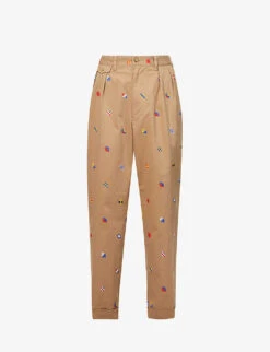 Lobster-embroidered Barrel-leg Mid-rise Cotton-blend Trousers