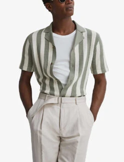 Reiss Tortolli Cuban-collar Stripe-pattern Cotton Shirt -AllSain Clothing Shop R04169276 ECRUSAGE ALT02