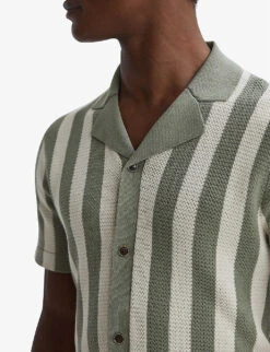 Reiss Tortolli Cuban-collar Stripe-pattern Cotton Shirt -AllSain Clothing Shop R04169276 ECRUSAGE ALT04