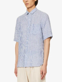 Sunspel Striped Short-sleeved Regular-fit Linen Shirt -AllSain Clothing Shop R04181940 NAVYWHITELINENSTRIPE ALT02