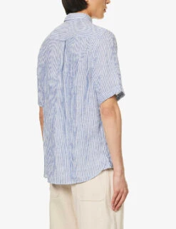 Sunspel Striped Short-sleeved Regular-fit Linen Shirt -AllSain Clothing Shop R04181940 NAVYWHITELINENSTRIPE ALT03