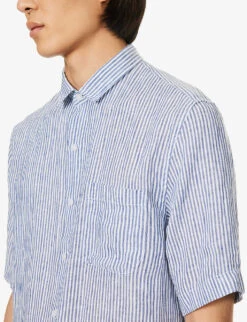Sunspel Striped Short-sleeved Regular-fit Linen Shirt -AllSain Clothing Shop R04181940 NAVYWHITELINENSTRIPE ALT04