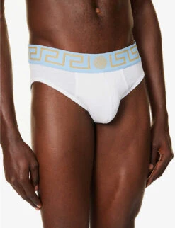 Versace Logo-waistband Low-rise Stretch-cotton Briefs -AllSain Clothing Shop R04188839 WHITESUMMERSKYBLUE ALT03