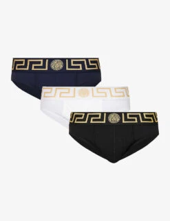 Versace Pack Of Three Logo-waistband Low-rise Stretch-cotton Briefs